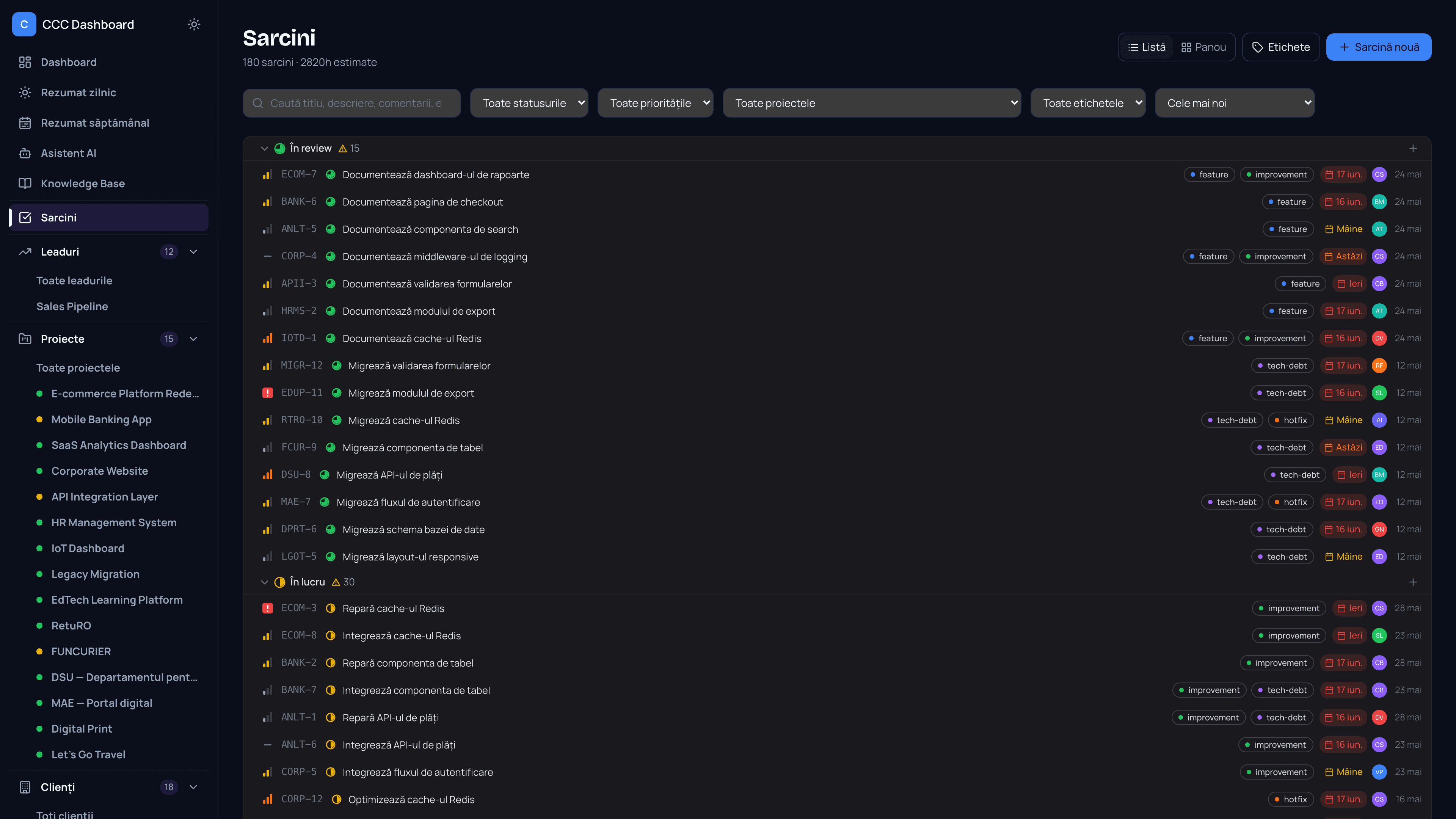 Task-uri Linear-style, construite intern. Drag-and-drop. Bulk actions.